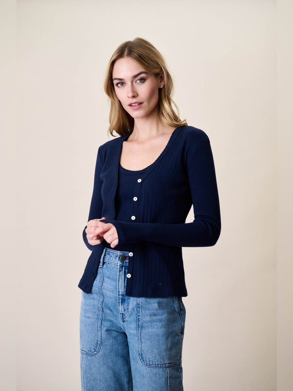 Marea by Liz Joy Pointelle Cardigan in Navy, Size XS